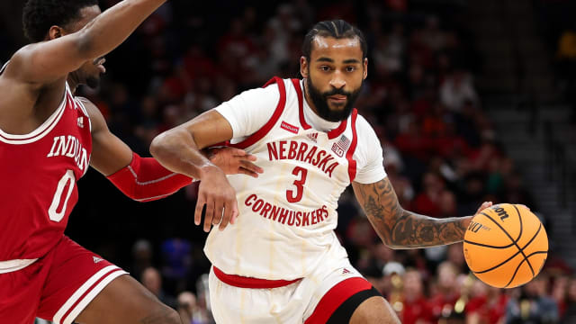 Mar 15, 2024; Minneapolis, MN, USA; Nebraska Cornhuskers guard Brice Williams (3) works aroud Indiana Hoosiers guard Xavier Johnson (0) during the first half at Target Center.
